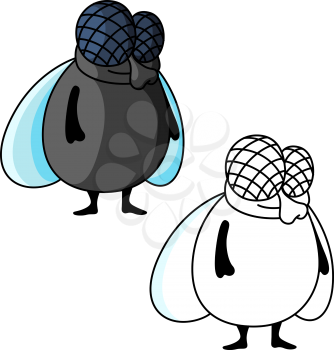 Funny fat fly cartoon character with big compound eyes and shy smile, second variant with colorless silhouette. For t-shirt or mascot design