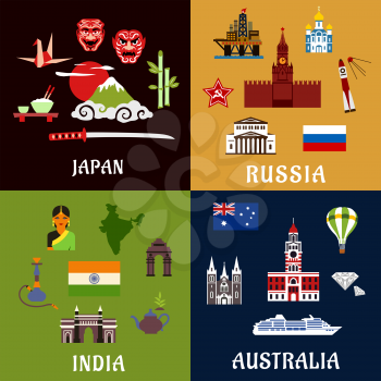 Japan, Russia, India and Australia travel flat icons with architecture landmarks, culture, industry, religion and national symbols 