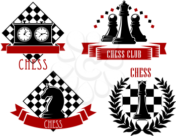 Chess game sport emblems and icons with chessboard, clock, king, queen, knight and pawn, decorated by laurel wreath and ribbon banners