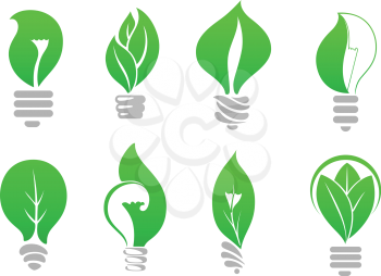 Green energy eco light bulbs icons of stylized lamps with fresh leaves inside, for ecology or energy saving themes design