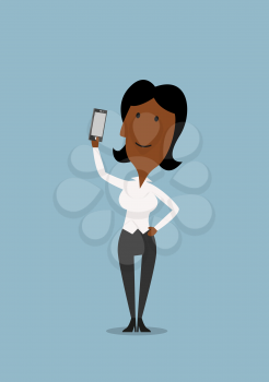 Happy african american businesswoman posing for selfie portrait with smartphone in hand, for technology or social media theme design