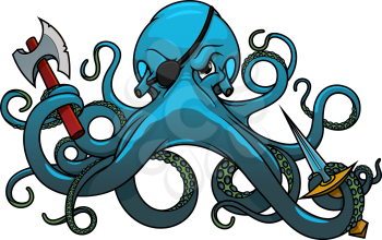 Fearful blue octopus pirate cartoon character with black eye patch, axe and sword in wavy tentacles. For marine adventure or mascot design