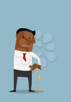 African american businessman pouring out his last few coins from wallet, for financial failure or bankruptcy concept design