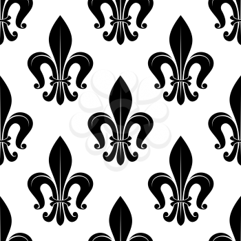 Black and white seamless victorian floral pattern with stylized fleur-de-lis flowers and curled leaves. For textile, wallpaper or heraldry design