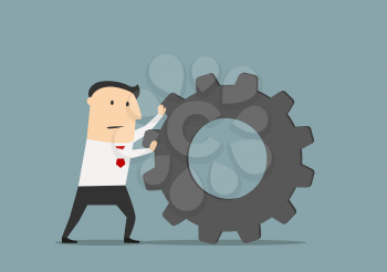 Tired businessman pushes a huge gear, for business process or management concept design. Cartoon flat style
