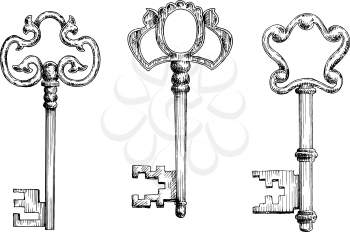 Old antique door keys with decorative bows. Sketch icons, for secret or security theme