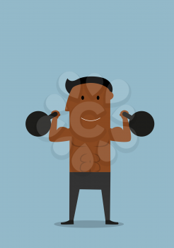 Cartoon smiling healthy african american sportsman with kettlebells in both hands, for sport training or healthy lifestyle concept
