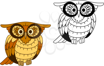 Cartoon owl bird with yellow and brown plumage and big eyes, for education or wildlife design