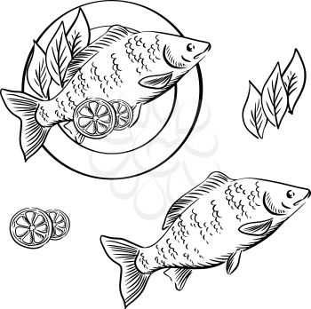 Dish with smoked fish, garnished with lemon slices and fresh herbs. For seafood recipe book or menu design, sketch style