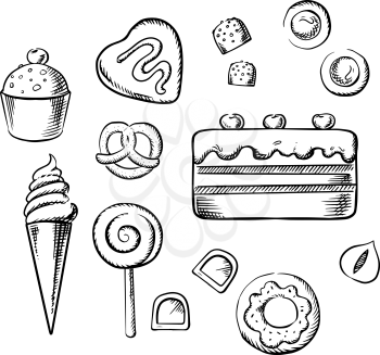 Sweet cake and cupcake with cream, ice cream cone, glazed doughnut, chocolate candies with hazelnuts and fondant, cookies, lollipop and pretzel. Sketch icons for pastry and confectionery design