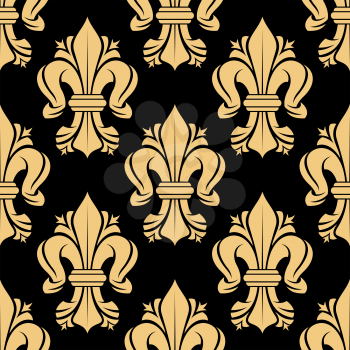 Royal french floral seamless pattern with beige  fleur-de-lis-flowers on black background, for luxury interior or textile design