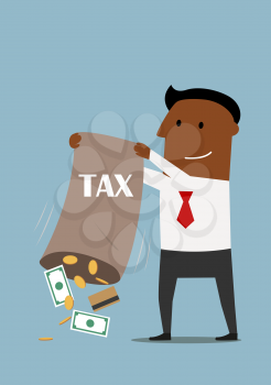 Cartoon smiling african american businessman collecting taxes, pouring out from a bag credit card, dollar bills and coins