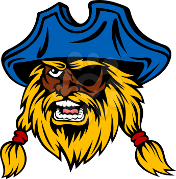 Shouting cartoon african pirate head with long hair and lush beard, wearing captain hat and eye
