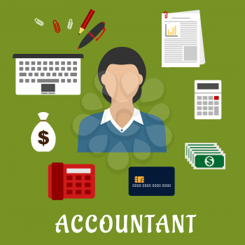 Accountant profession flat icons with elegant woman, encircled by laptop, bank credit card, money bag, dollar bills, calculator, financial report, telephone and stationery 