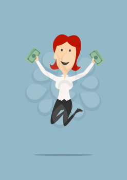 Cheerful cartoon redhead businesswoman jumping for joy with dollar bills in hands, for wealth or success themes design