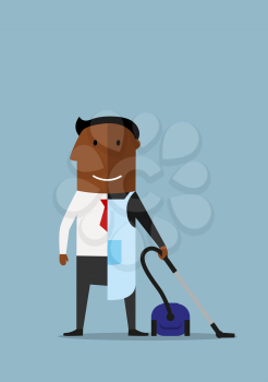 African american man divided into two parts, one half of businessman in suit and another half as ordinary man in apron with vacuum cleaner, for balance concept design. Cartoon style