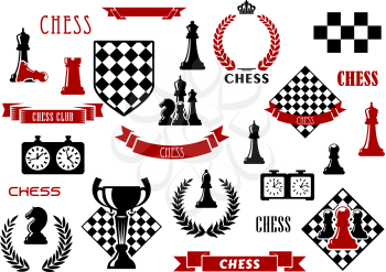 Chess game items and heraldic elements with chessboard, queen, king, bishop, knight, rook and pawn, clock, trophy, checkered shield, wreath, ribbon banner and crown
