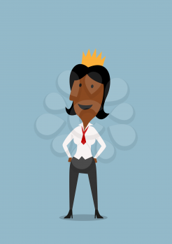 Ambitious african american businesswoman wearing a gold crown, for career achievement or success themes design. Cartoon flat style