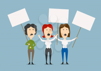 Angry businesswomen protesting on the picket with blank banners, for strike and protest themes design. Cartoon flat image