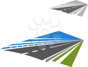 Icon of speedy highway or freeway with blue sky abstract disappearing beyond the horizon. Travel or vacation theme design