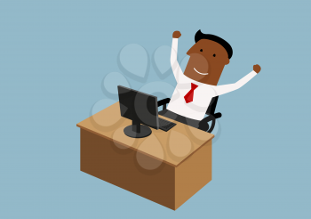 Happy cartoon african american businessman looking at computer and raising arms, for goal achievement or victory concept design