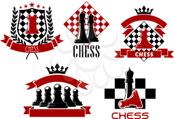 Chess game sporting emblems design with kings, queen, rook and pawns pieces on chessboard, supplemented by heraldic shield, wreath, red ribbon banners, stars and crowns 