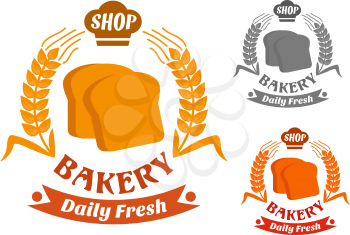 Bakery shop symbol with golden crispy slices of toast bread, framed by wheat ears with baker hat and ribbon banners. In orange, red and gray color variations 