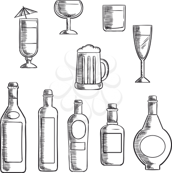 Wine, beer, whiskey, vodka and liquor bottles with filled glasses and mixed cocktail. Sketch icons set for food and drinks themes design  