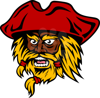 Aggressive bearded pirate captain cartoon character in red hat, shouts with wide open mouth. Nautical travel or adventure concept