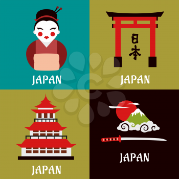 Japanese culture, religion and traditions flat icons with pagoda, Fuji mountain landscape, katana sword, geisha and tori gate. Travel theme elements