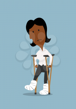 Cartoon injured african american businesswoman with bandaged legs walking on crutches. Health insurance or work accident concept theme design