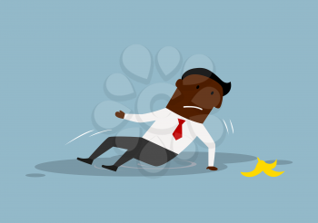 Cartoon upset african american businessman slipped on a banana peel and fell. Accident or business failure concept design