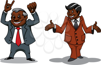 Smiling cartoon african american businessman and manager characters with welcome, victory and success gestures