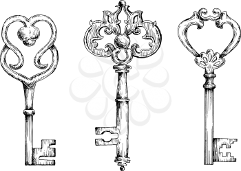 Vintage ornate filigree keys or skeletons, decorated by metal scroll-work and swirls. Sketch illustrations