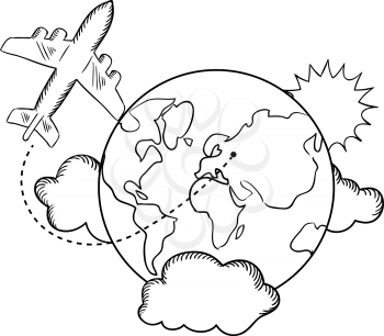 Air travel with flying airplane and earth globe with clouds and sun. Travel concept, sketch style
