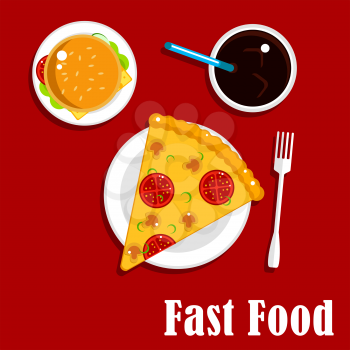 Fast food lunch flat icons of pizza with tomatoes, mushrooms and cheese, cheeseburger with fresh vegetables, cold soda with drinking straw