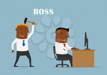 Cartoon boss sneaks to manager with hammer and wants to beat him. Corporate conflict concept