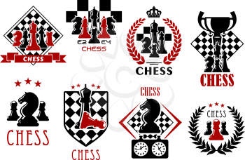 Chess game heraldic symbols of chessboards with pieces of kings, queens, bishops, knights, rook and pawns, clock, trophy cup, heraldic shield, wreaths, ribbon banners and crowns