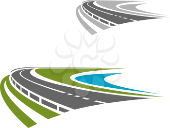 Steep turn road or highway icon with scenic green coastline and blue water. Travel or vacation themes design