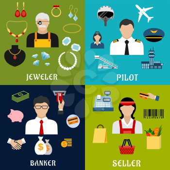 Seller, banker, pilot and jeweler professions flat icons with men and woman in uniform and shopping, banking, aircraft and jewelry symbols or elements
