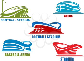 Abstract sport arenas and stadiums symbols or icons in red, blue and green colors. For team sport competitions 