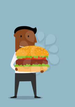 Happy cartoon african american businessman carrying a huge hamburger with beef and fresh vegetables. Fast food or business lunch concept design