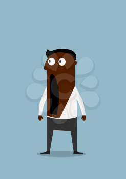 Shocked or scared cartoon african american businessman standing with wide open mouth and googly eyes. Negative emotion expression or omg concept