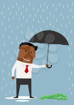 African american cartoon businessman holding open umbrella over pile of dollar bundles. Bank insurance concept