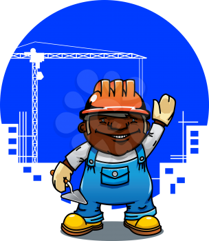 Friendly cartoon african american bricklayer or builder in orange hard hat standing with trowel. Construction industry  concept