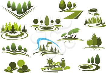 Green summer park, forest and garden landscape icons. With decorative trees and bushes, walking alleys and footpaths, peaceful grassy meadows and figured lawns