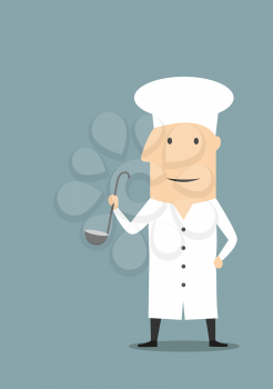 Cartoon cooking chef in white uniform tunic and toque standing with large ladle in hand. For restaurant or food service concept usage