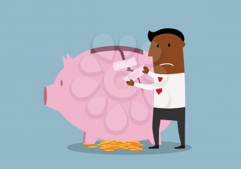 Cartoon african american businessman repairing damaged piggy bank to protect savings. Finance recovery theme design