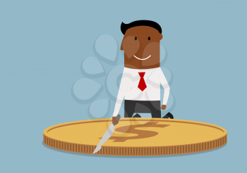 Cartoon corrupt african american businessman cutting a big dollar coin with knife. Business corruption theme design