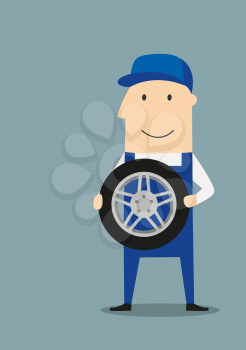 Cartoon car service mechanic in blue overalls and cap holding the wheel. Good service concept